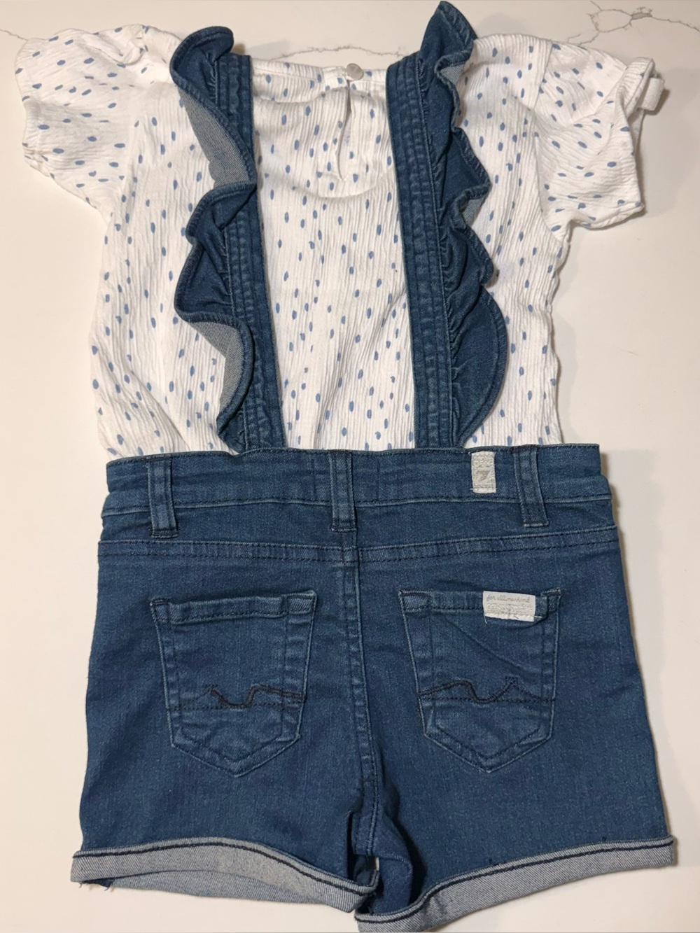 7 For All Mankind Girls Short Overalls Blue Ruffle Bib Pocket Size 3T